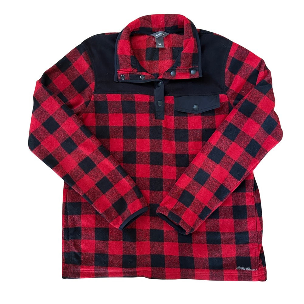 Eddie Bauer Cabincore Womens Red Black Buffalo Plaid Fleece Mock Neck Pullover M